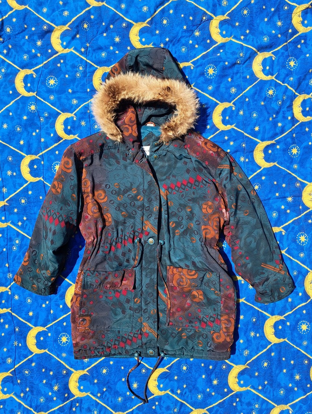 Vintage 80s Bernardo Abstract Paisley Parka - Real Fur Hood - Medium